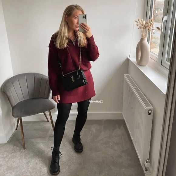 Zara Set - Burgundy Wool Blend Knit Zip Sweater & Mini Skirt - Picture 8 of 17